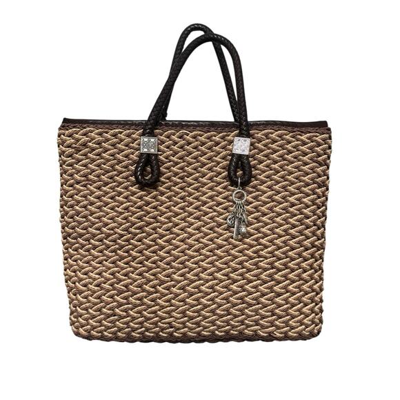 Brighton Handbags - Brighton Raffia Woven Brown Leather Top Handle Bag with Charms